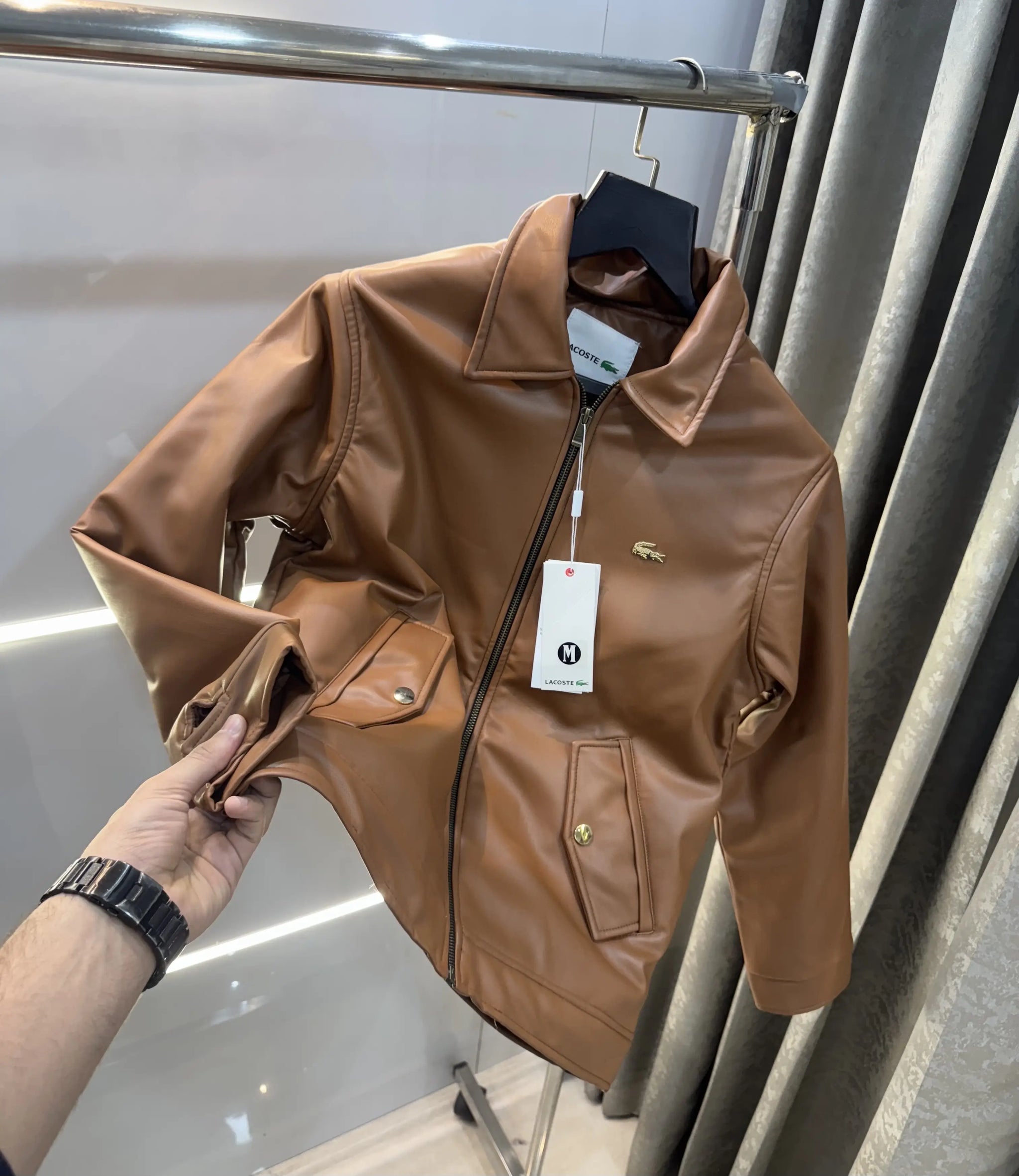 Lacost e Tan Brown Back Work Imported Leather Jacket